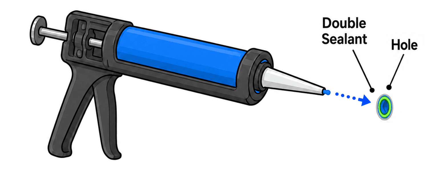 DoubleSil step 4 diagram showing a caulk gun applying a second sealant layer inside the installed wall anchor