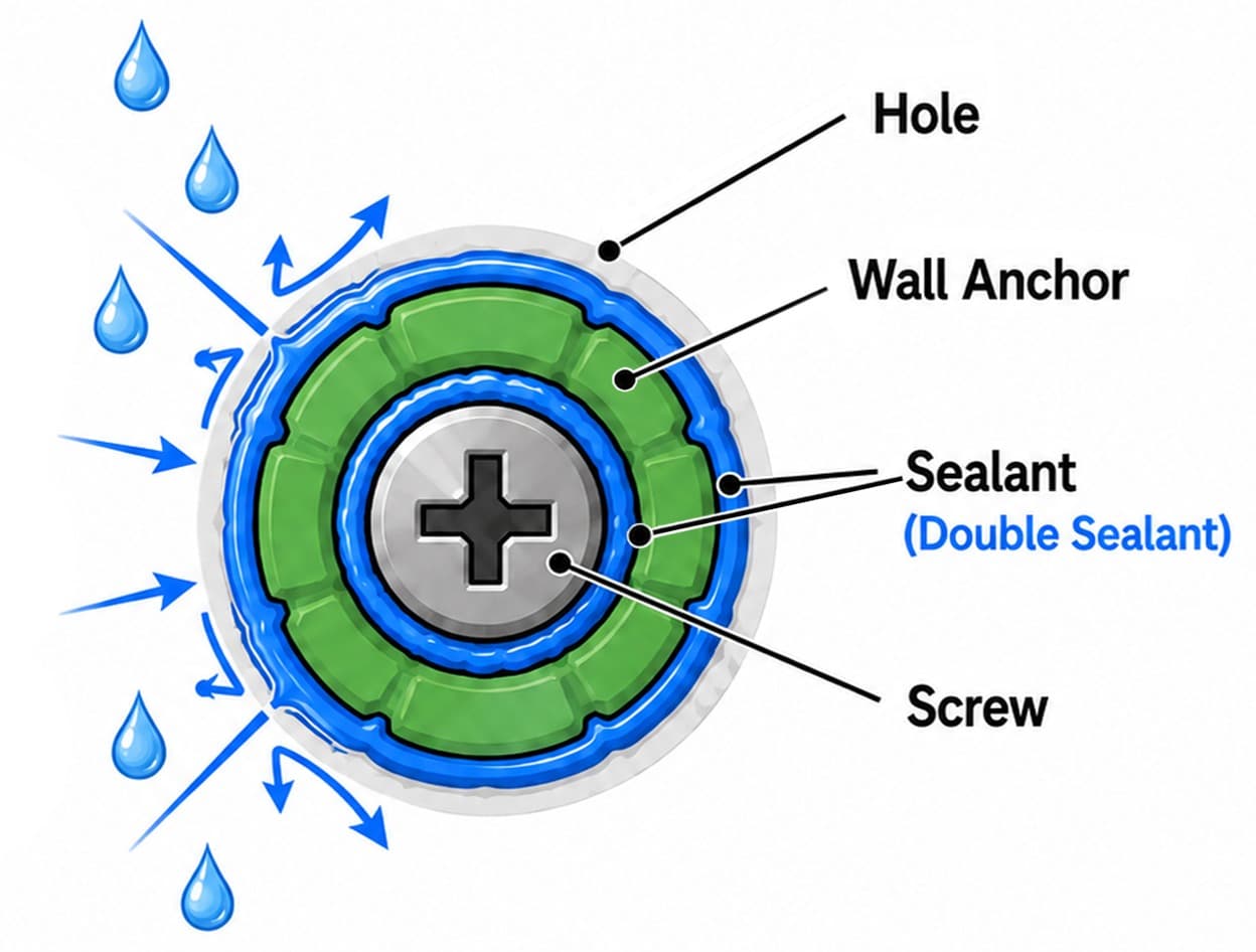 Cutaway diagram of a completed DoubleSil mounting point showing the hole, wall anchor, double sealant layers, and stainless-steel screw deflecting water