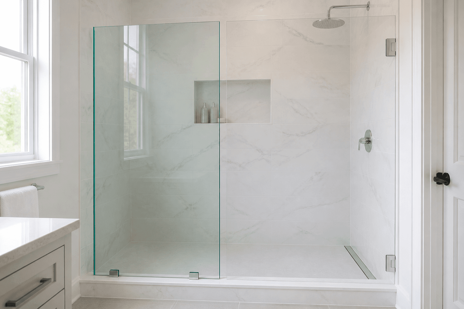 Standard clear glass with a green edge beside color-neutral low-iron glass in a bright marble-tile shower