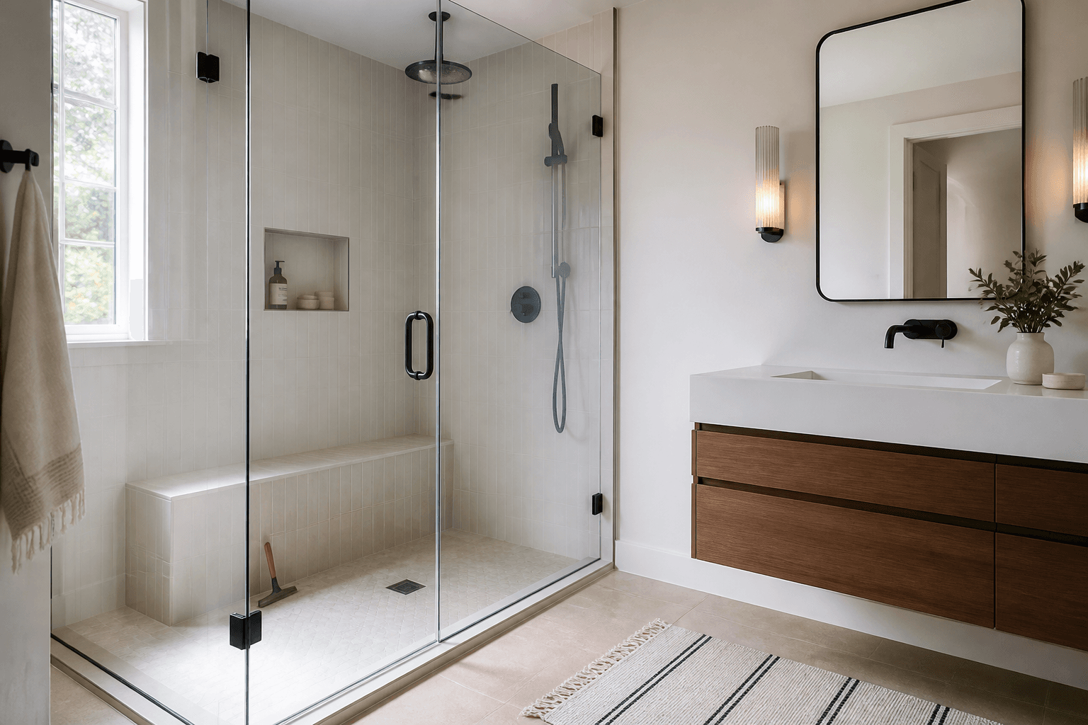Frameless glass shower with accessible gaps around the bench, vanity, curb, and door.