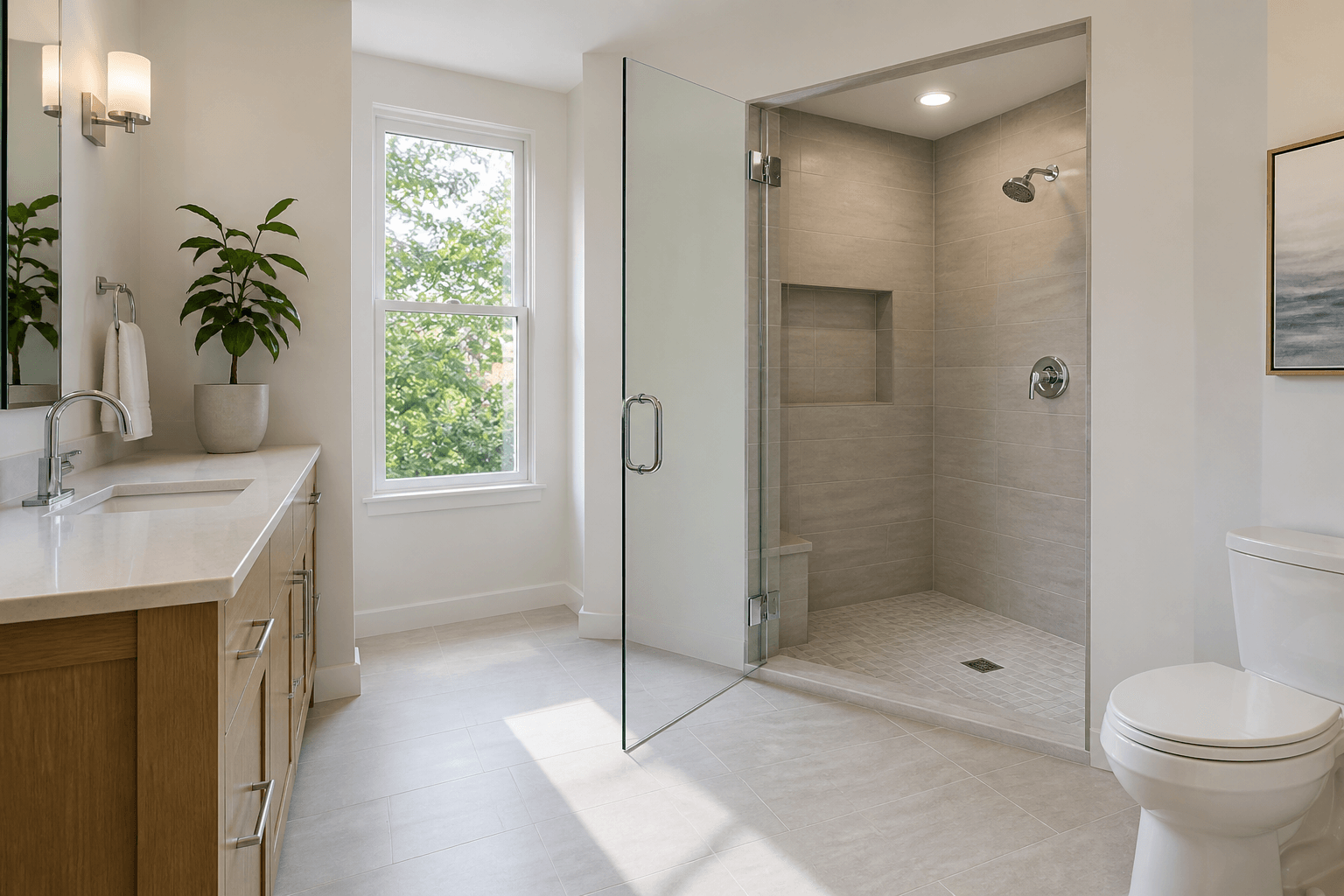 Frameless hinged shower door opening outward into a clear bathroom floor area.