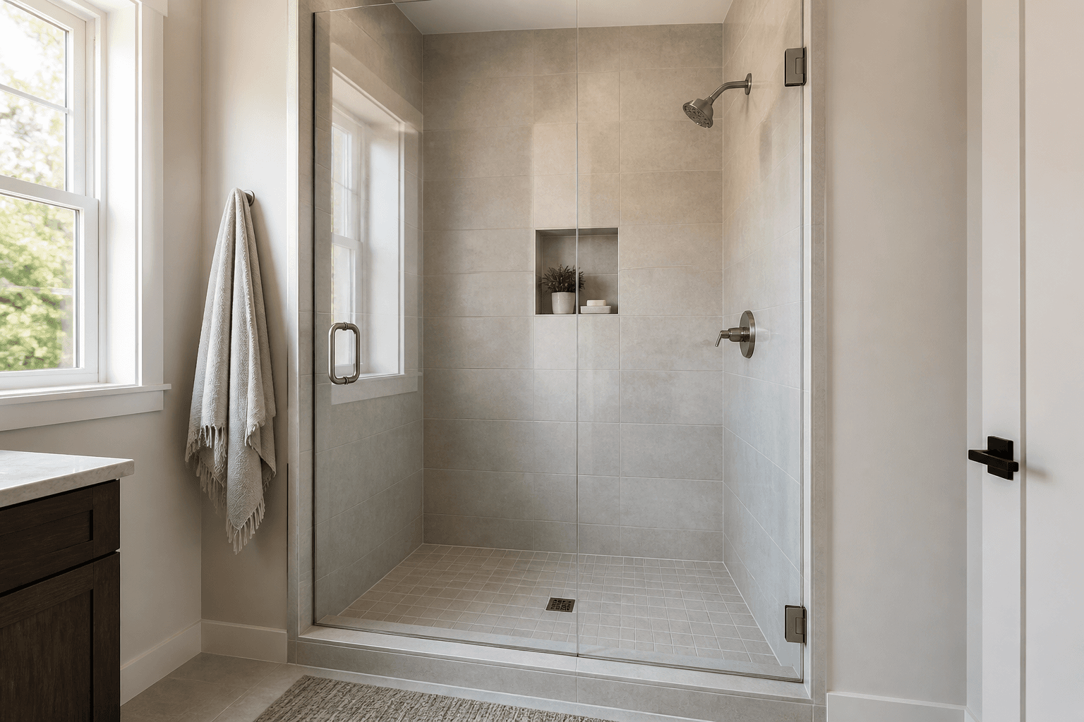 Frameless glass shower with the showerhead positioned opposite the hinged door and aimed inward.