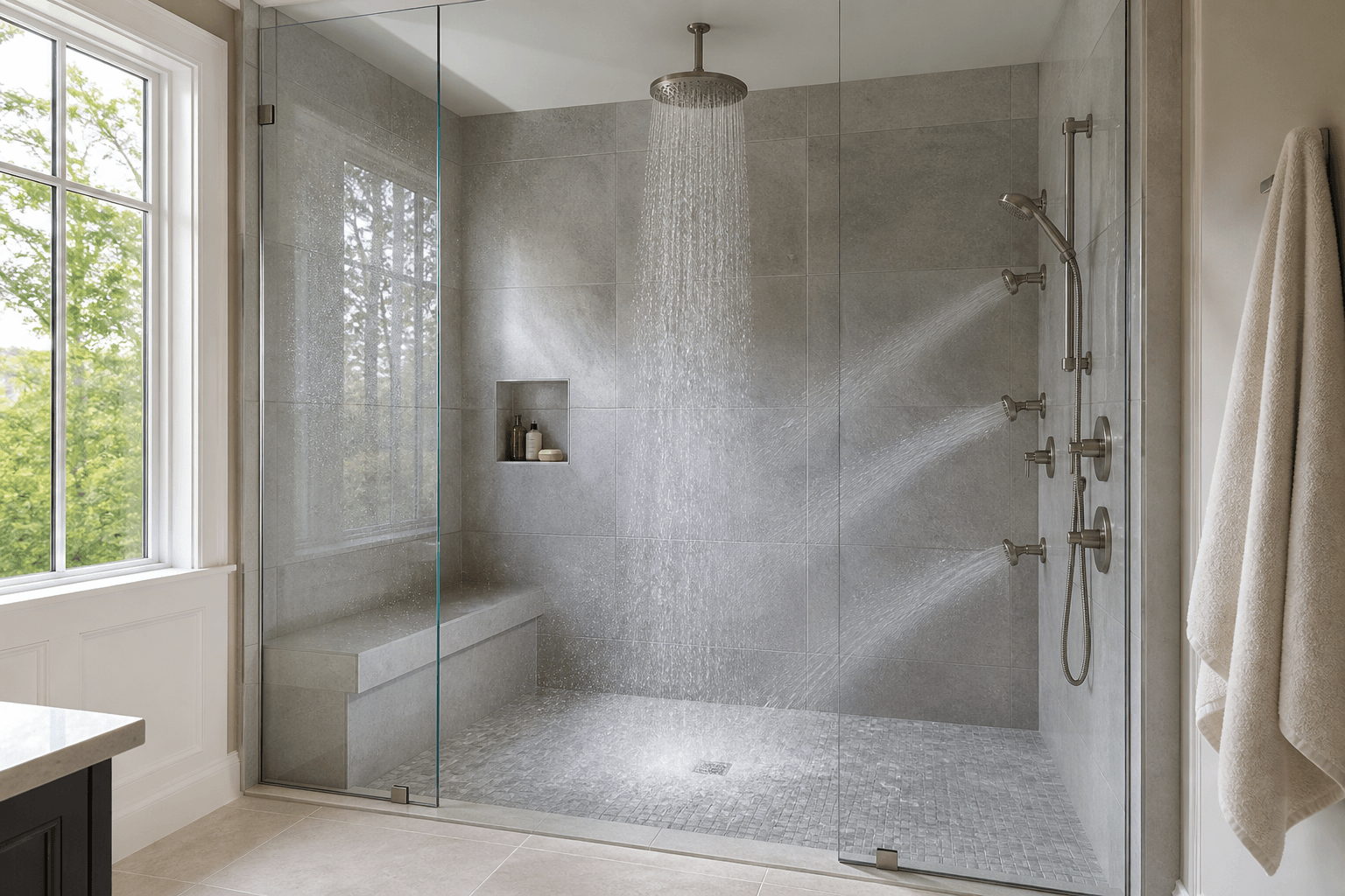Frameless glass shower with a ceiling rain head and body sprays directed into the tiled wet zone.