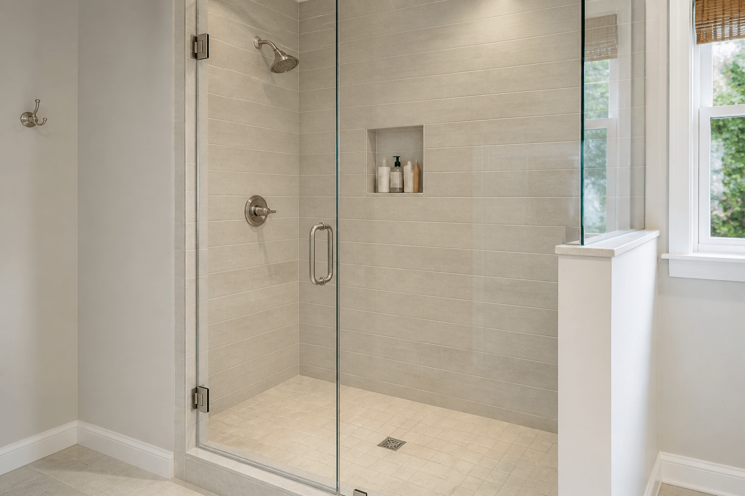 Frameless glass shower with a recessed niche placed away from the door hinges and panel edges.
