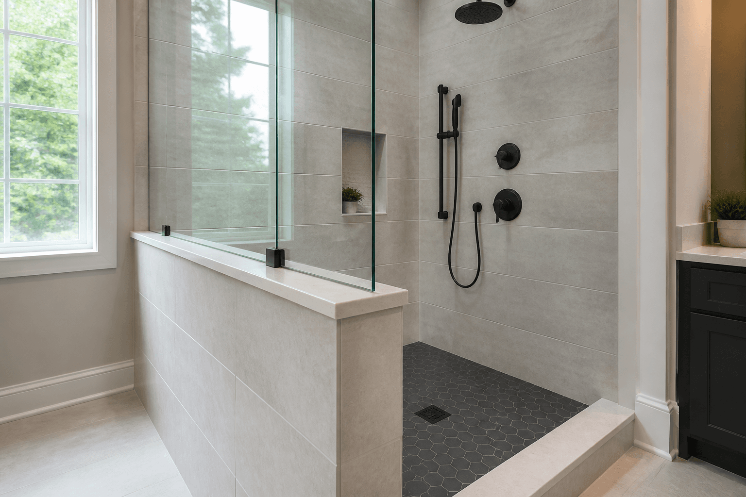 Frameless shower glass mounted above a tiled pony wall with a stone cap sloped inward.