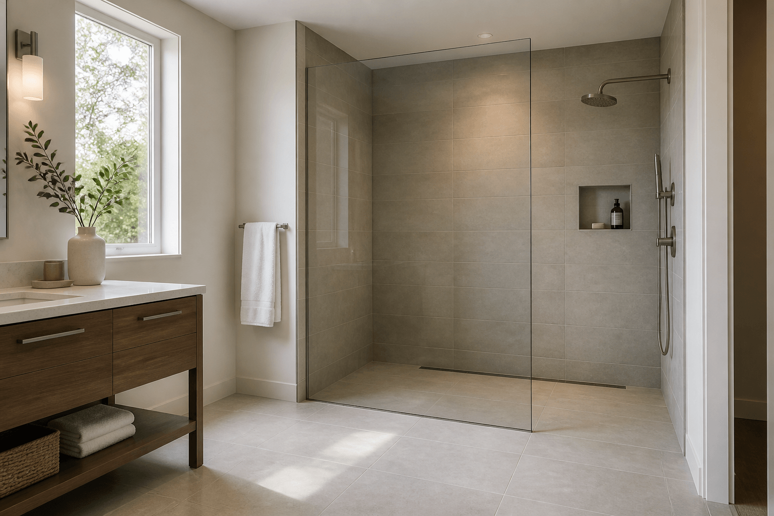 Curbless tiled shower with a back-wall linear drain, fixed glass panel, and flush entry.