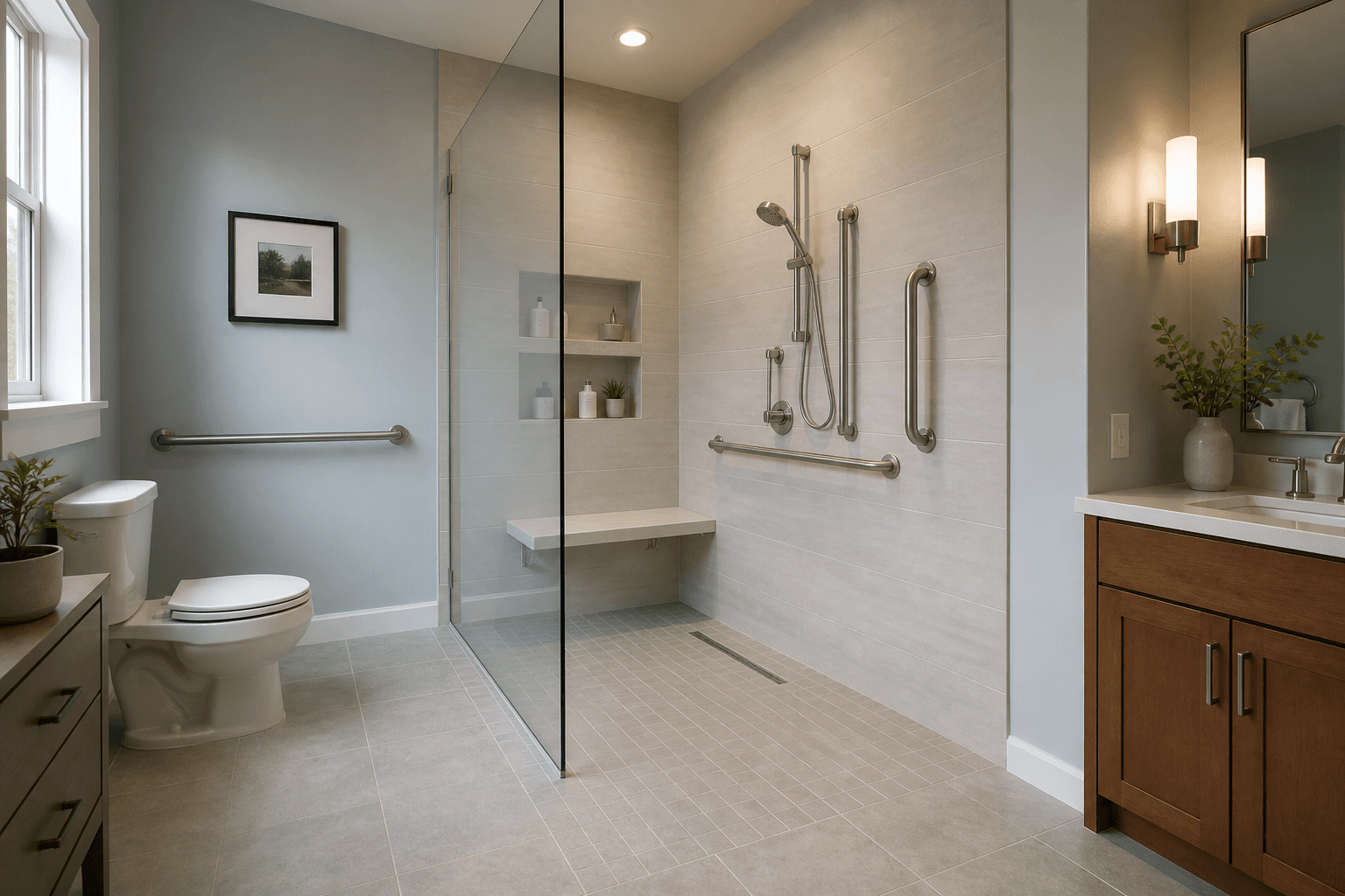 Curbless accessible shower with a wide glass entry, bench, grab bars, handheld shower, and linear drain.