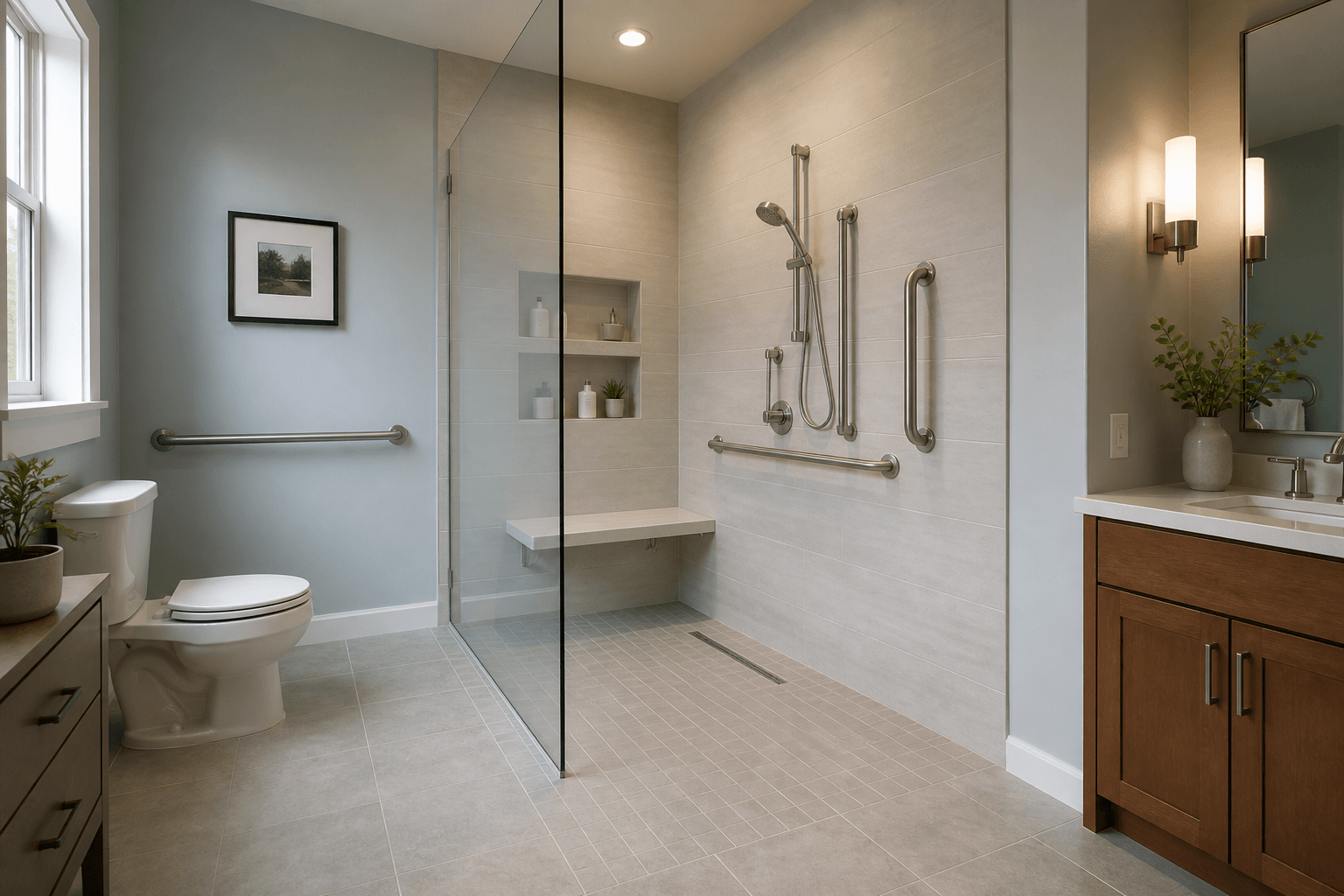 Curbless accessible shower with a wide glass entry, bench, grab bars, handheld shower, and linear drain.