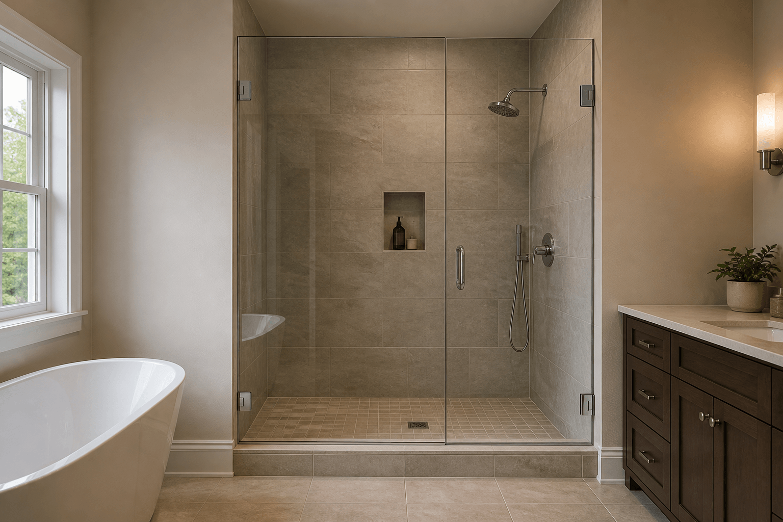 Frameless shower glass extends above the showerhead with open space below the ceiling.