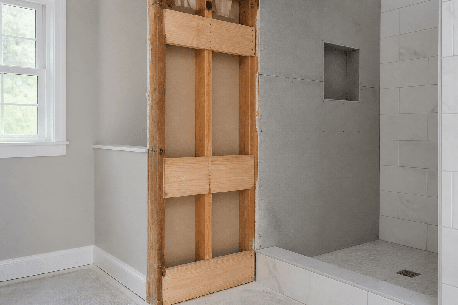 Wood blocking between shower wall studs provides structural backing for frameless glass door hardware.
