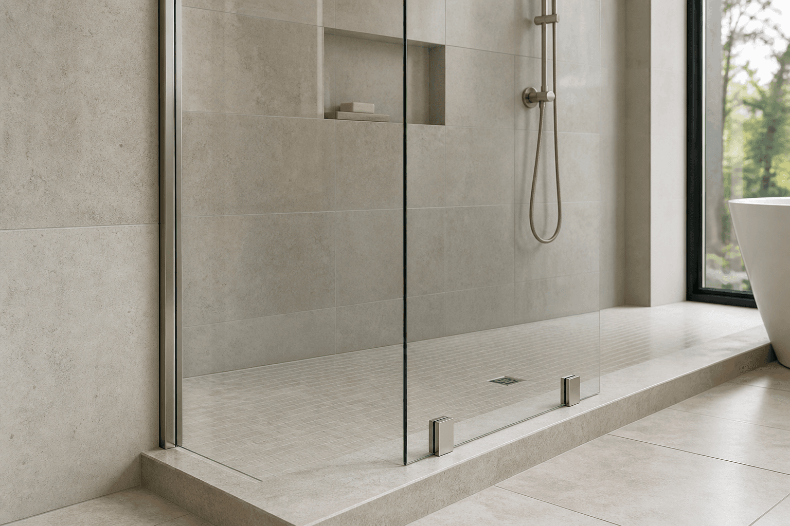 Fixed shower glass panel with a slim wall U-channel and metal clamps at the curb.