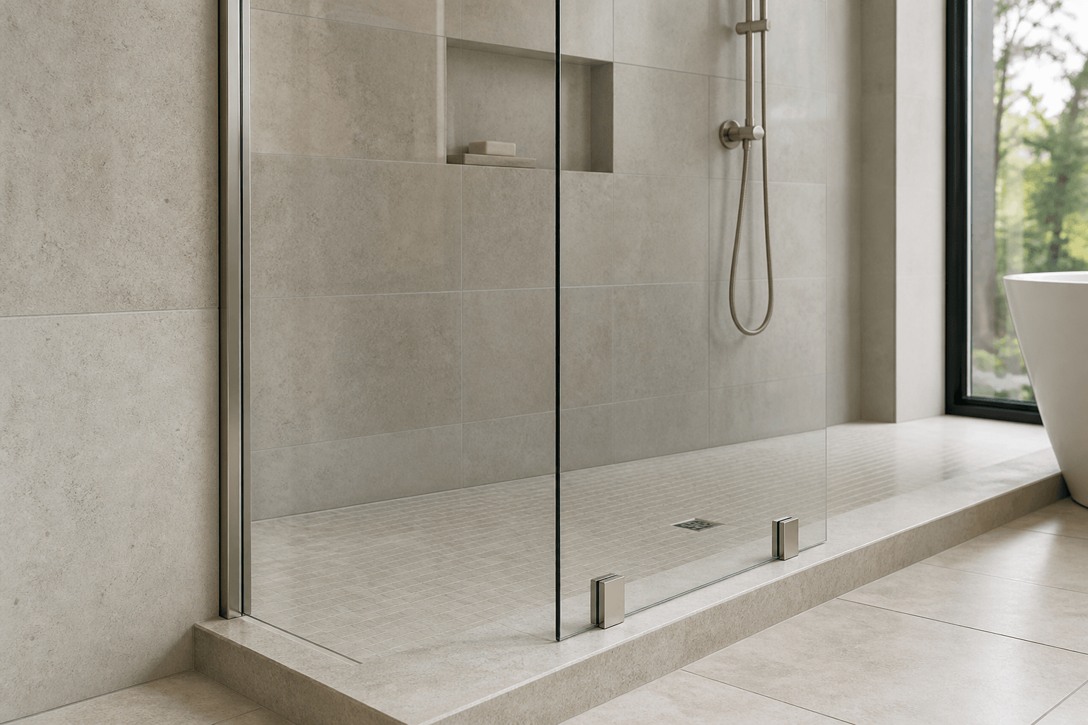 Fixed shower glass panel with a slim wall U-channel and metal clamps at the curb.