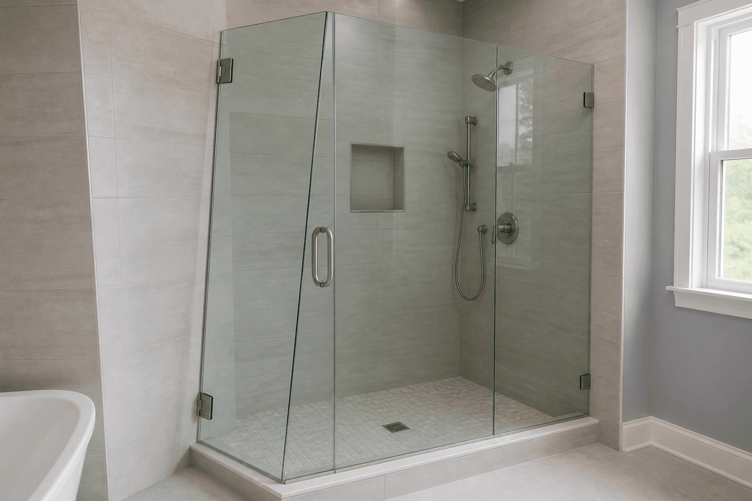 Custom frameless shower glass fitted to a subtly leaning tiled wall with a narrow tapered gap.