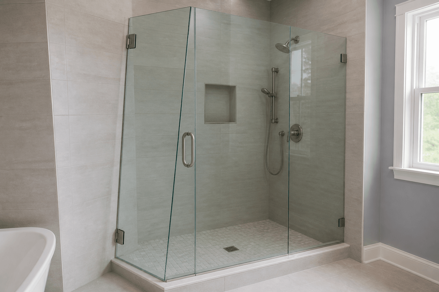 Custom frameless shower glass fitted to a subtly leaning tiled wall with a narrow tapered gap.