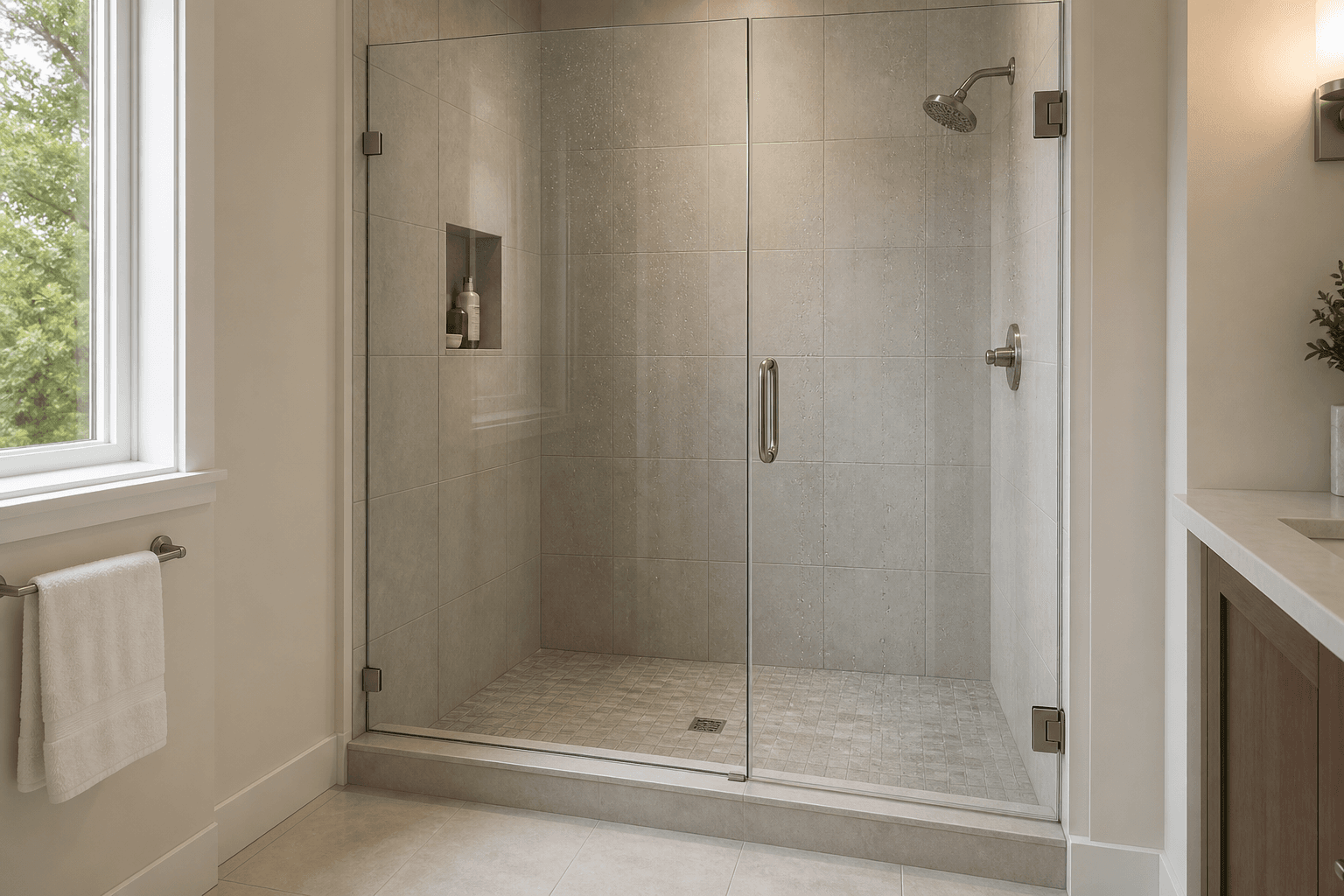 Frameless glass shower with a hinged door, clear sweep, narrow gaps, and a dry floor outside.