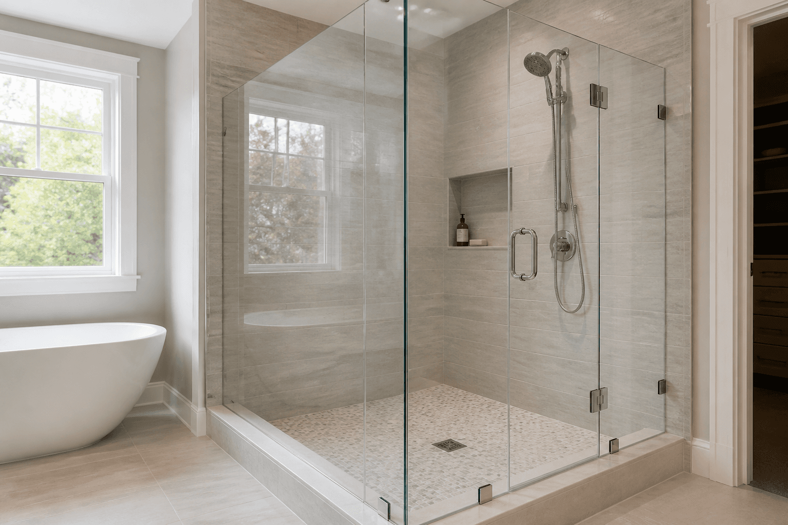 Close view of a frameless shower enclosure showing thick tempered glass, hinges, and support clamps.