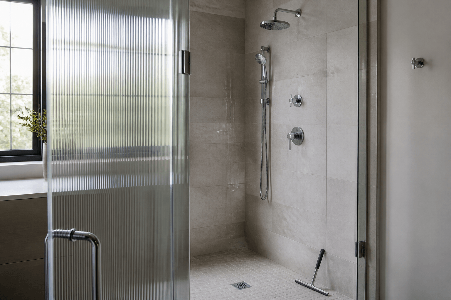 Reeded shower glass with the textured side facing out and the smooth side facing the water.
