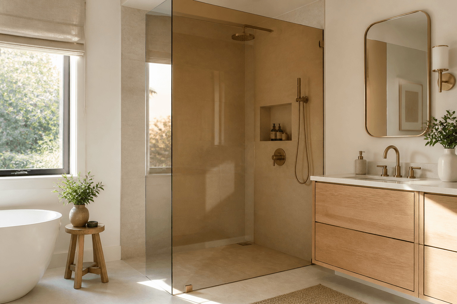 Bright bathroom with a frameless shower enclosed by warm bronze-tinted glass.
