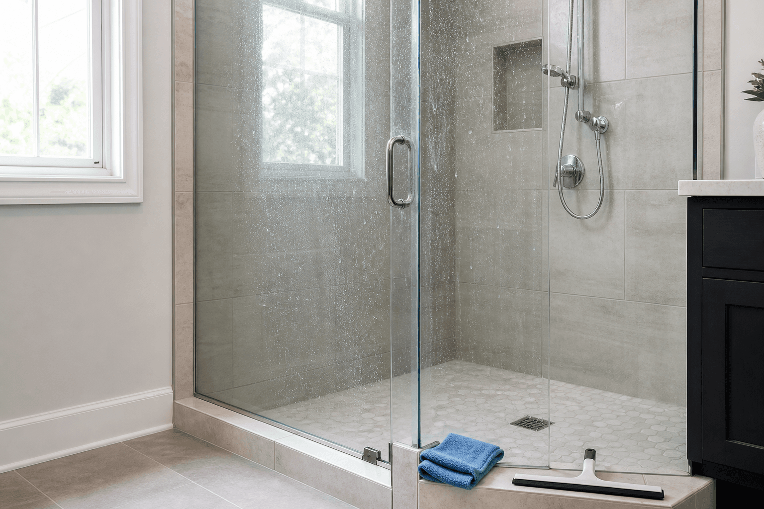 Mineral water spots visible on frameless shower glass beside a squeegee and microfiber cloth.