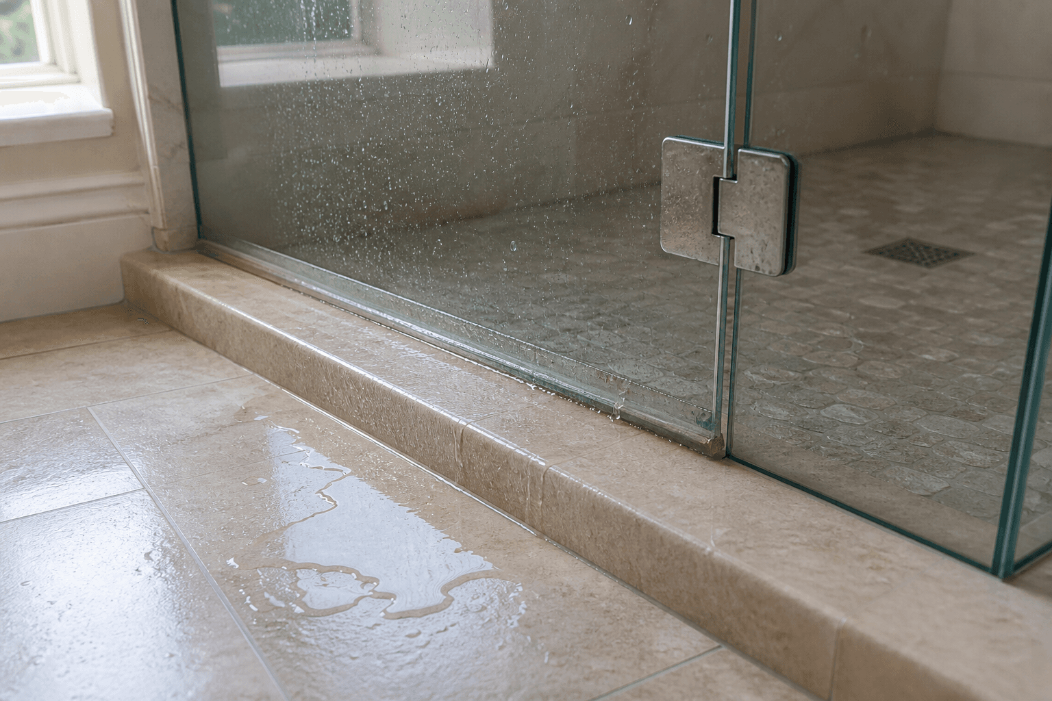 Water escaping beneath a frameless glass shower door with a worn bottom sweep.