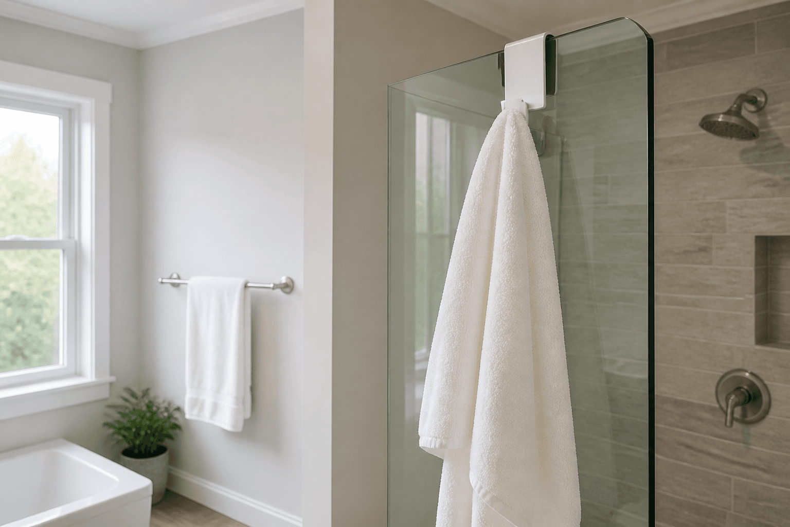Padded over-glass hook holding a white towel on a frameless shower panel in a bright bathroom.