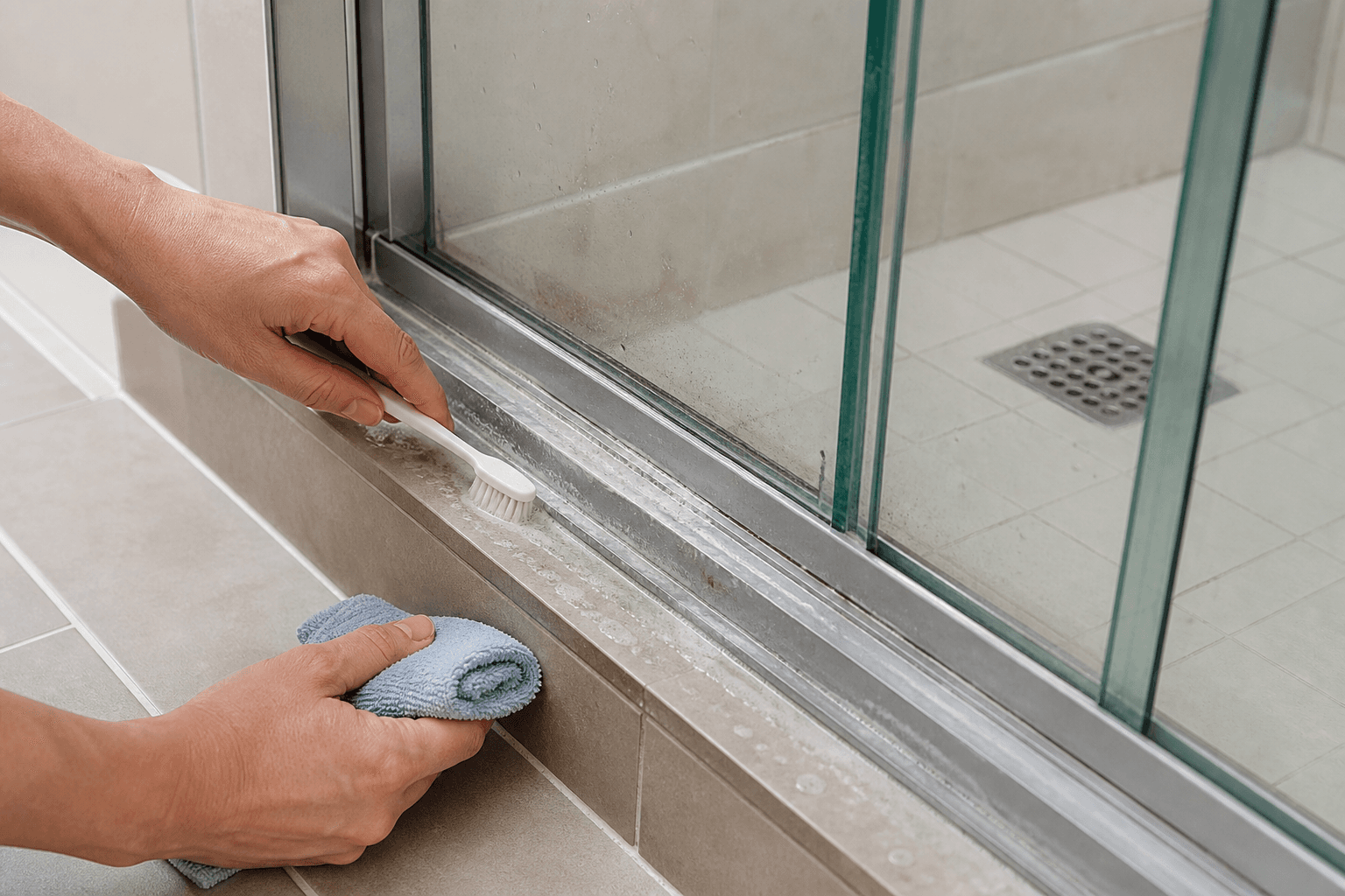 Hands clean a sliding shower door track and drain openings with a soft brush and cloth.