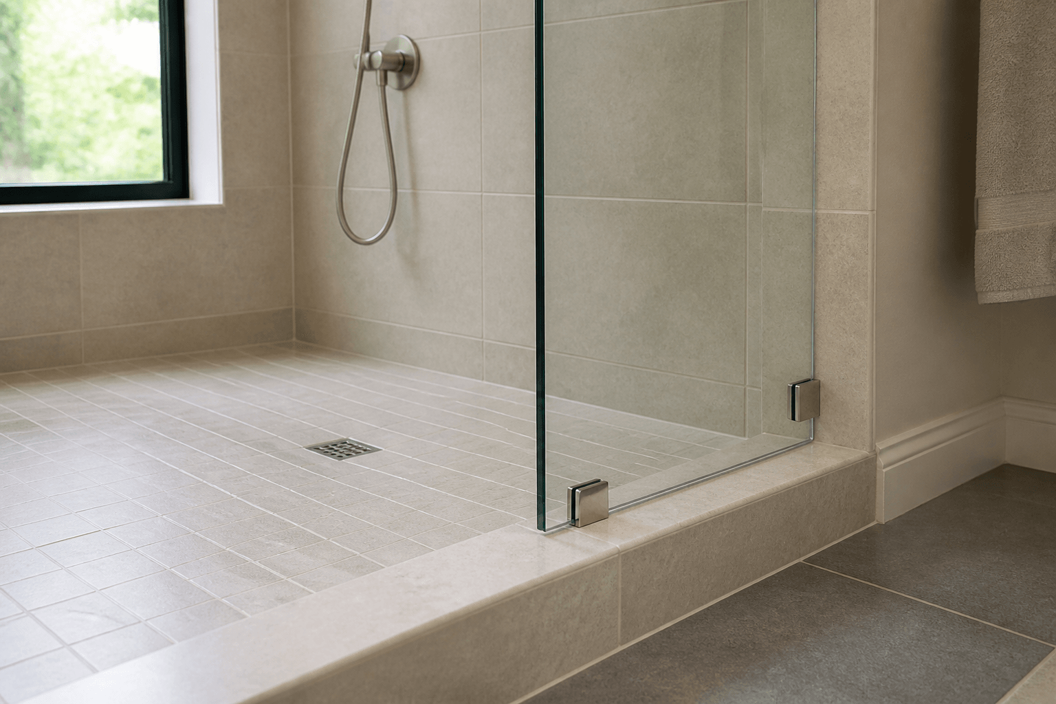 Frameless shower glass mounted to a sloped tiled curb beside the shower floor and drain.