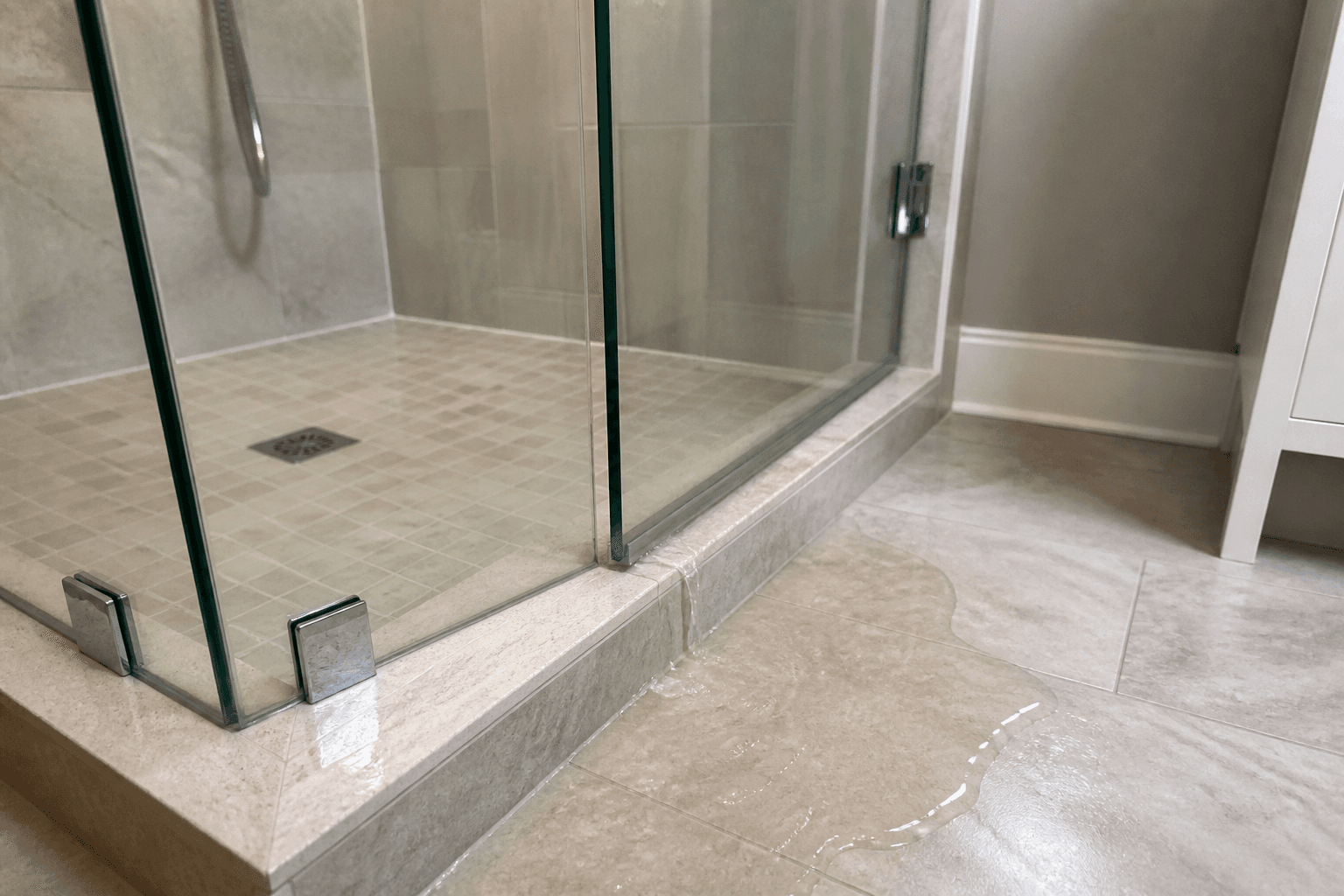 Water escaping beneath a frameless glass shower door and pooling on the tile floor near the curb.
