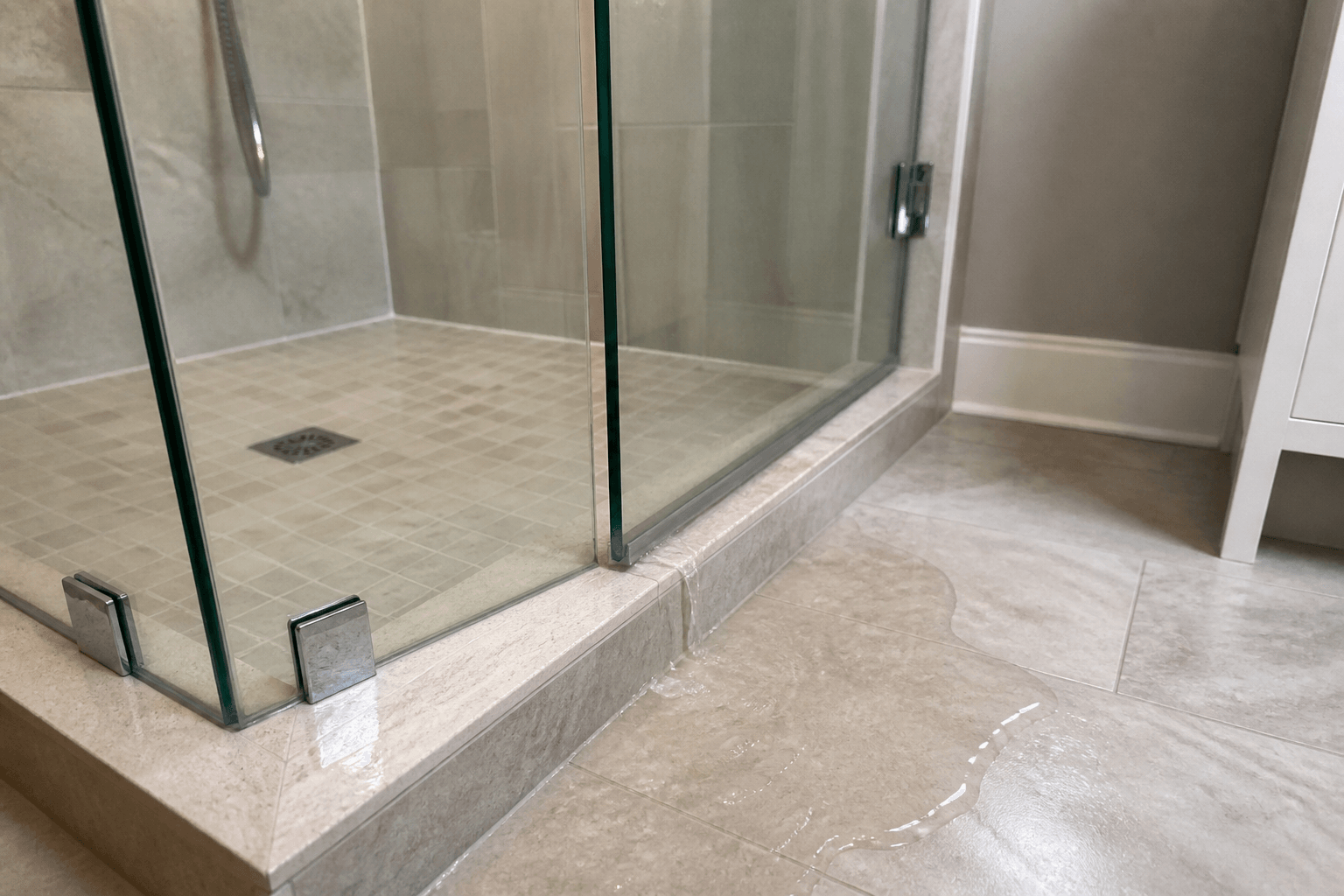 Water escaping beneath a frameless glass shower door and pooling on the tile floor near the curb.