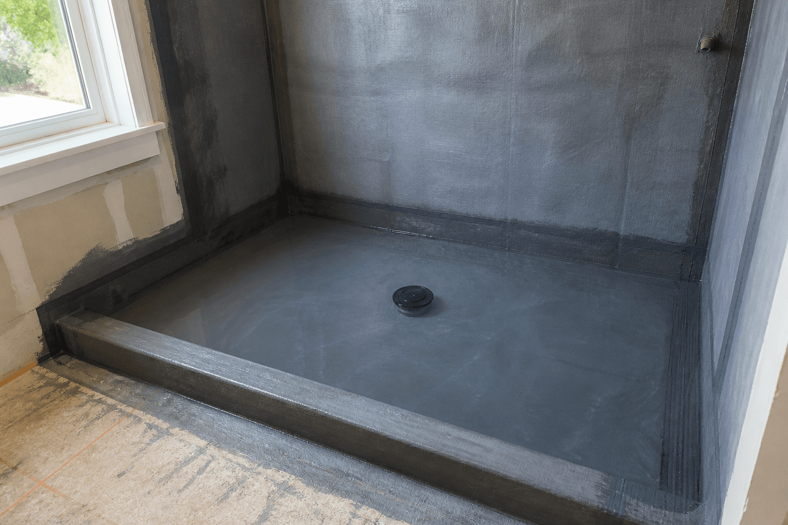 Unfinished waterproofed shower pan filled with water for a flood test before tile and glass installation.