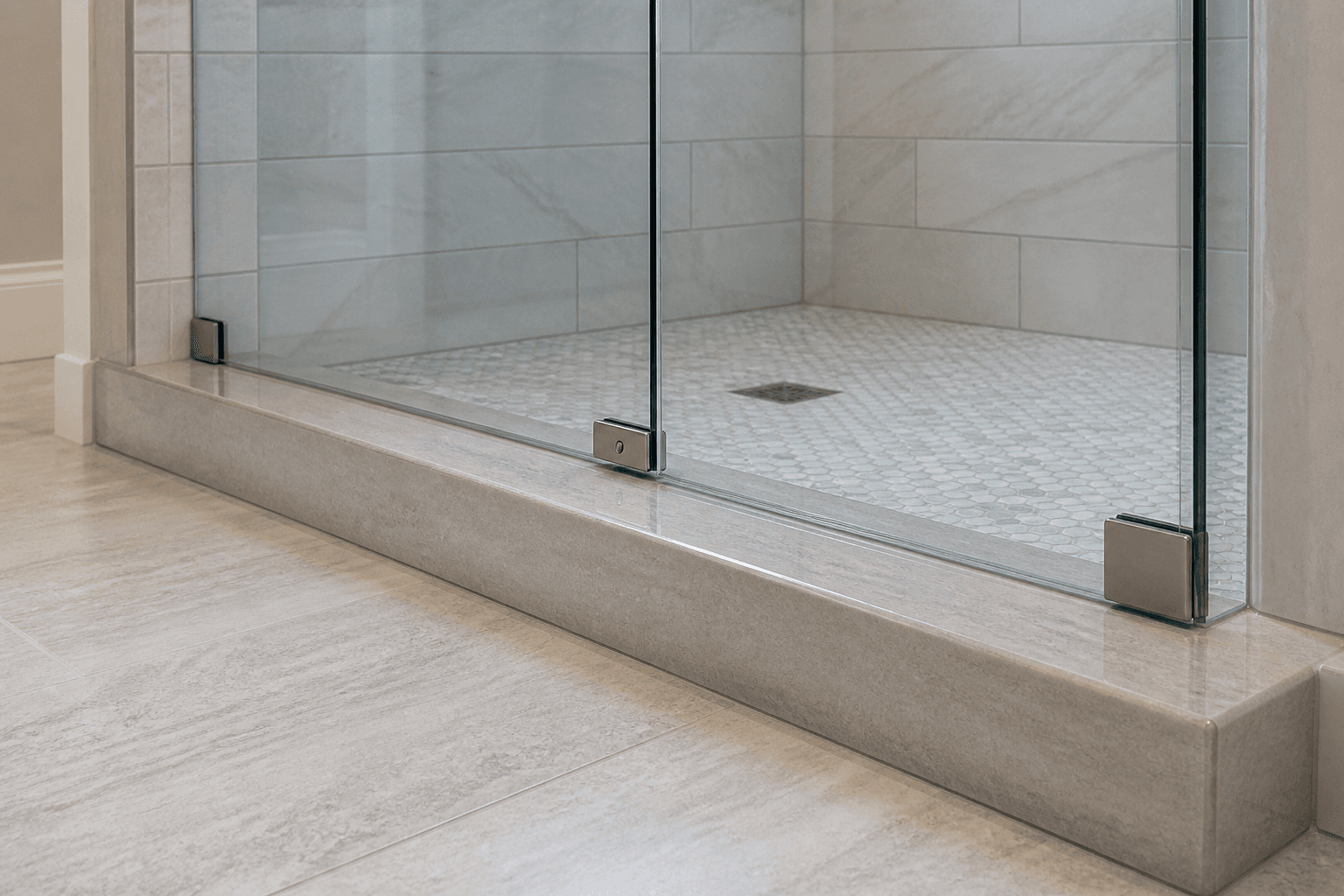 Close view of frameless shower glass installed over an inward-sloping stone curb.