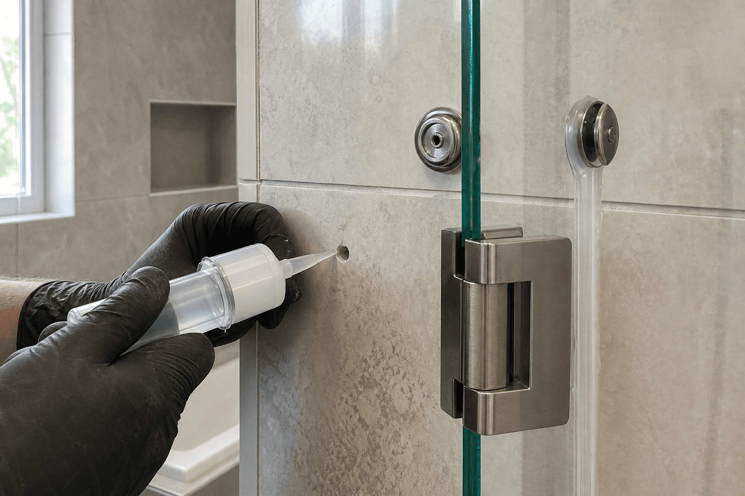 Installer seals a drilled tile opening before mounting frameless shower glass hardware.