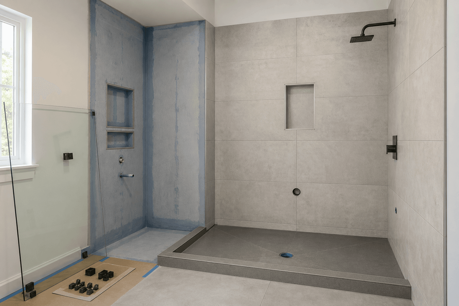 Partially tiled shower revealing the waterproof membrane beneath the tile beside frameless glass.