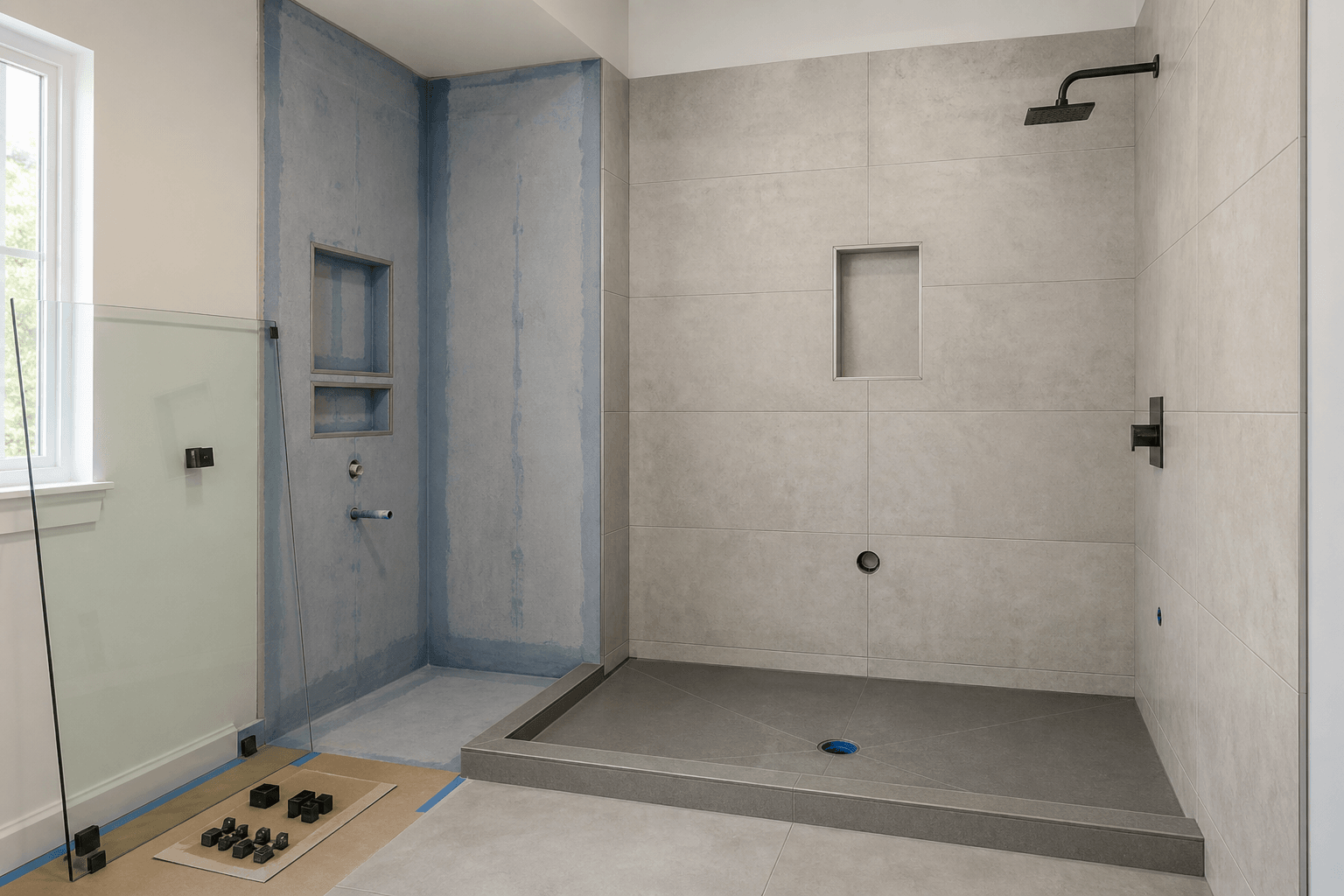 Partially tiled shower revealing the waterproof membrane beneath the tile beside frameless glass.