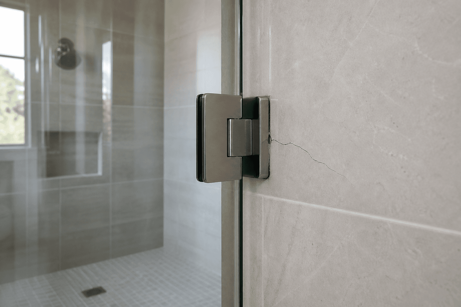 Hairline crack in shower tile beside a frameless glass door hinge.