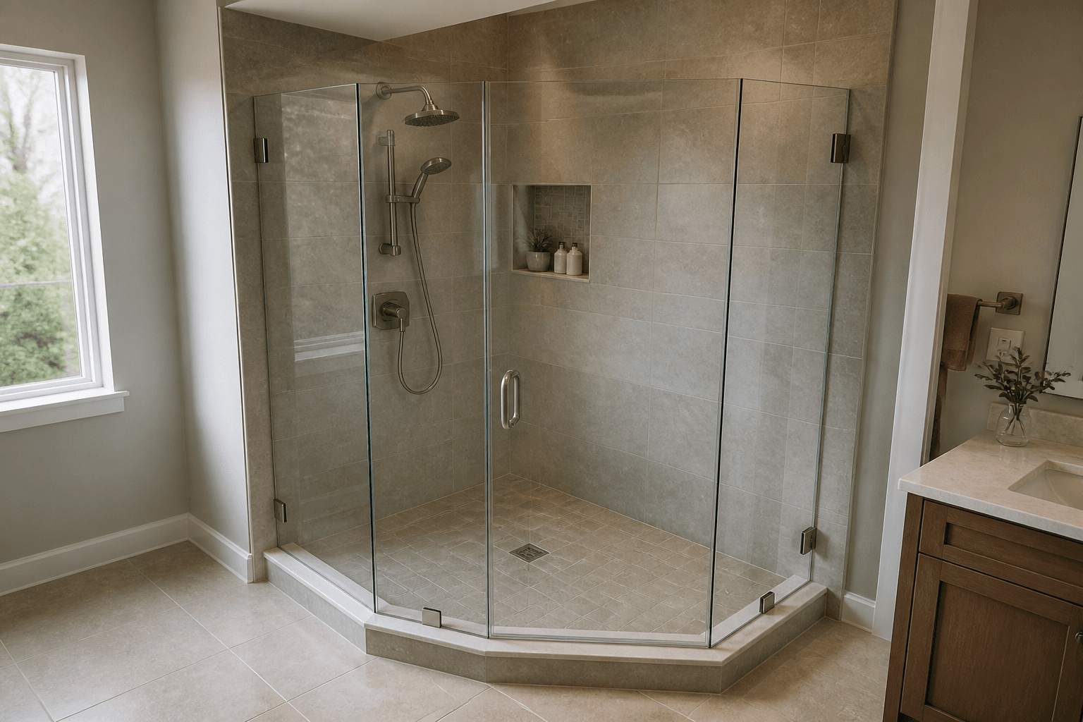 Frameless neo-angle shower with glass panels aligned over a 135-degree stone threshold.