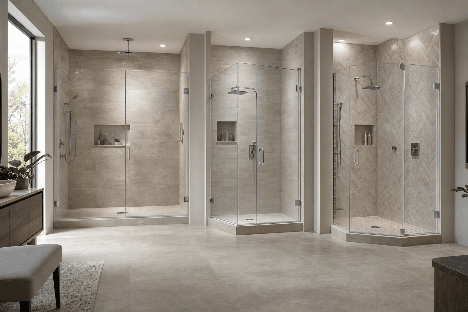 Straight, 90-degree corner, and neo-angle glass shower enclosures displayed side by side.