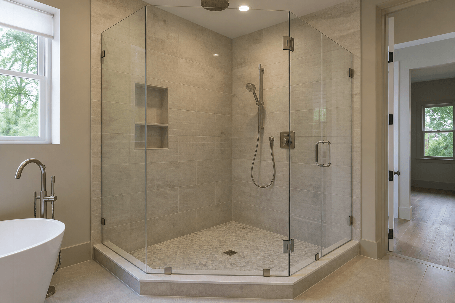 Custom frameless shower glass fitted to an angled tiled threshold in a bright modern bathroom.