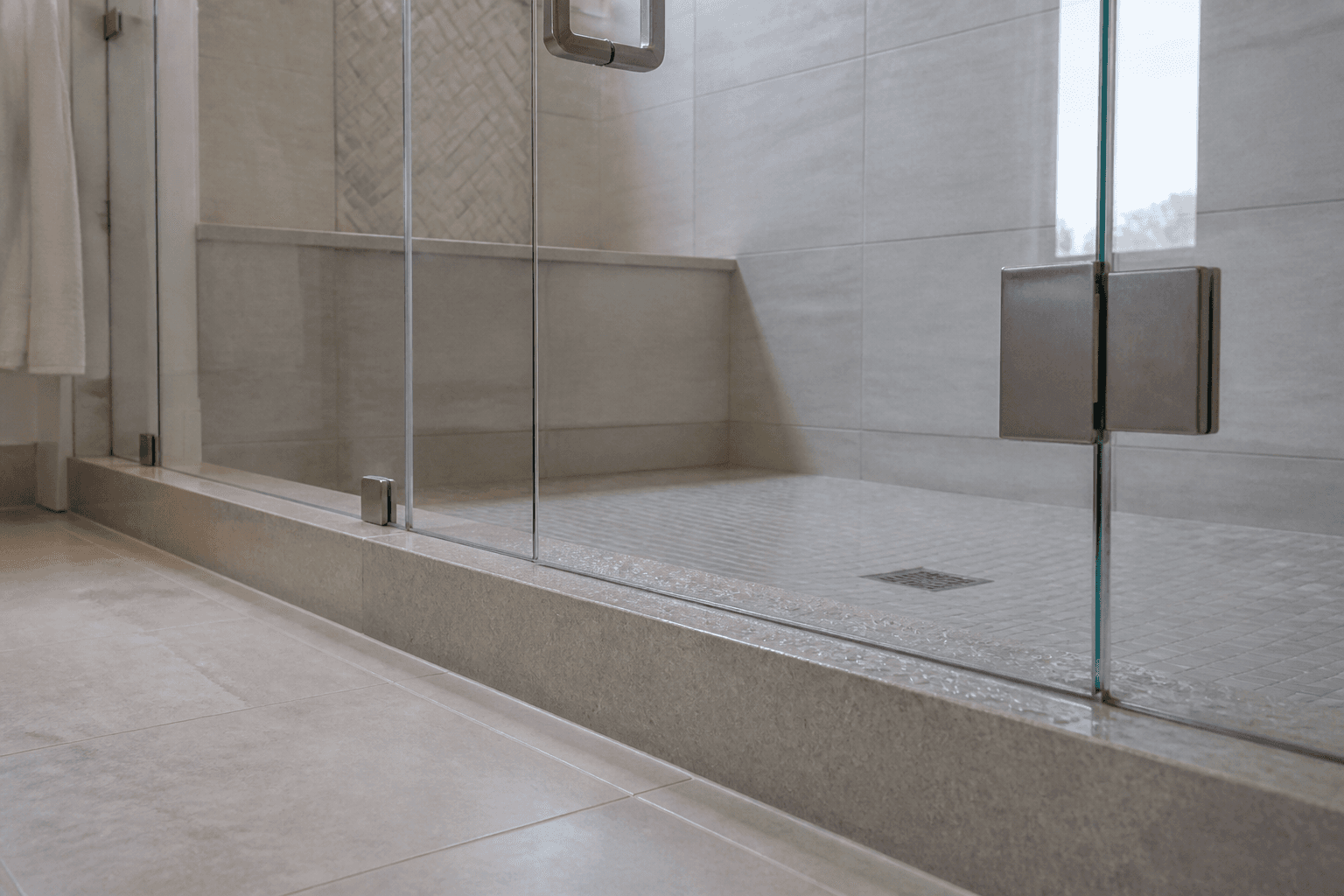 Close-up of a frameless glass shower curb sloped inward toward the shower drain.