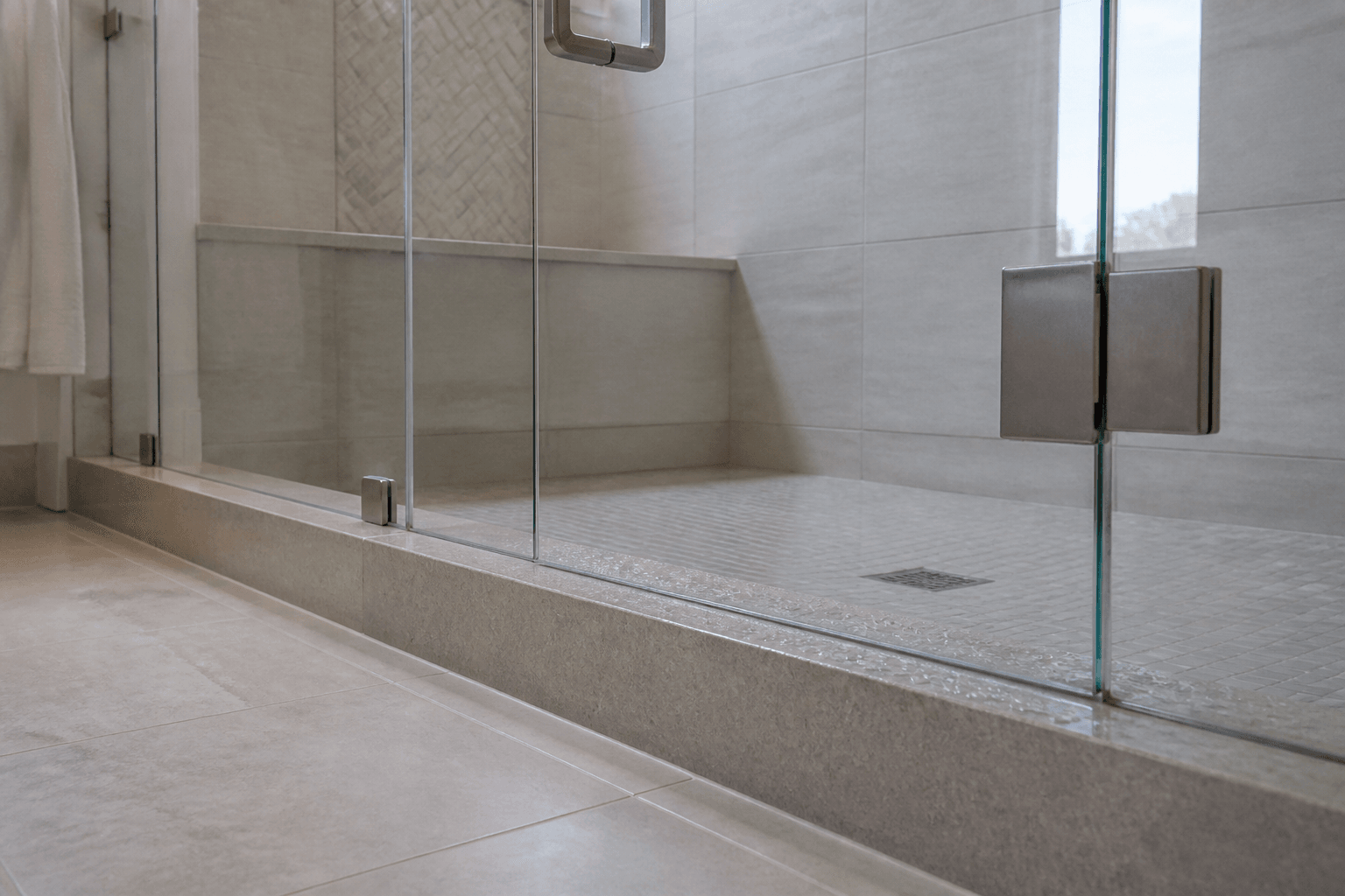 Close-up of a frameless glass shower curb sloped inward toward the shower drain.