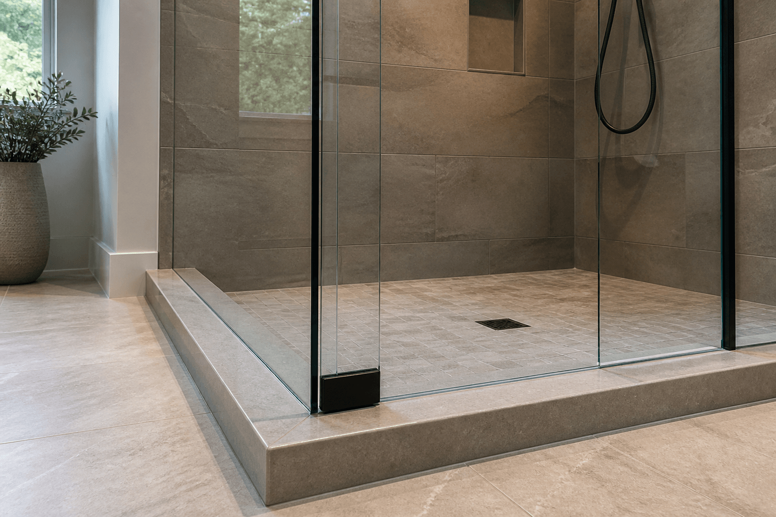 Frameless shower glass mounted on a wide, smooth stone threshold that slopes gently inward.