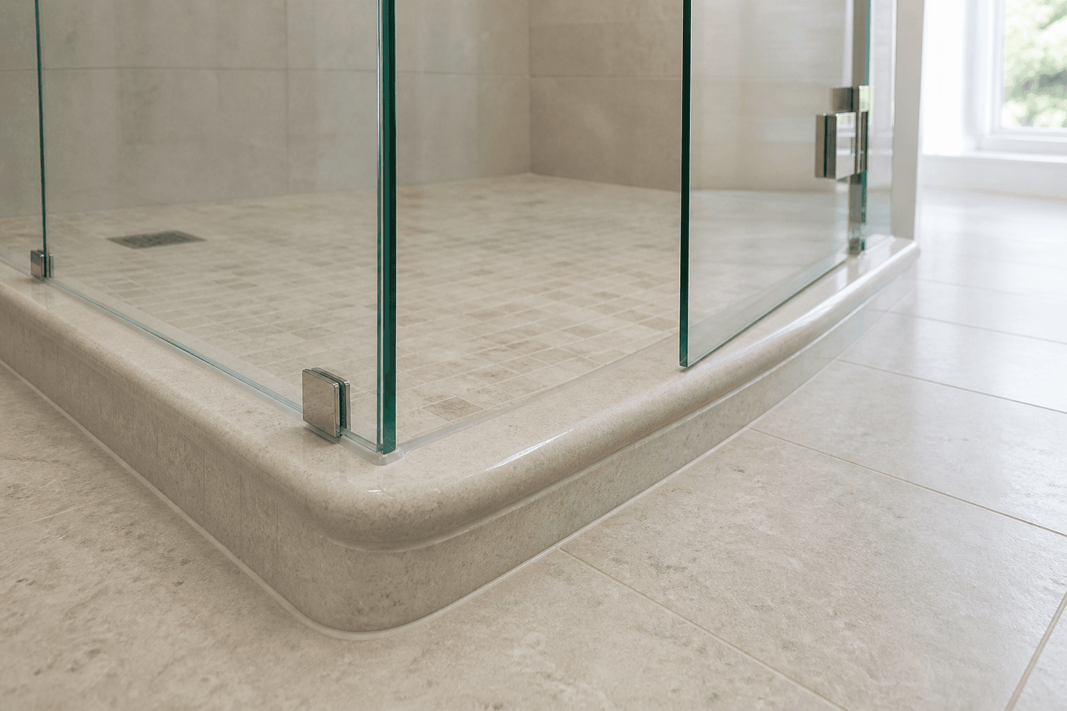 Frameless glass shower door above a gently beveled stone curb with visible sweep clearance.