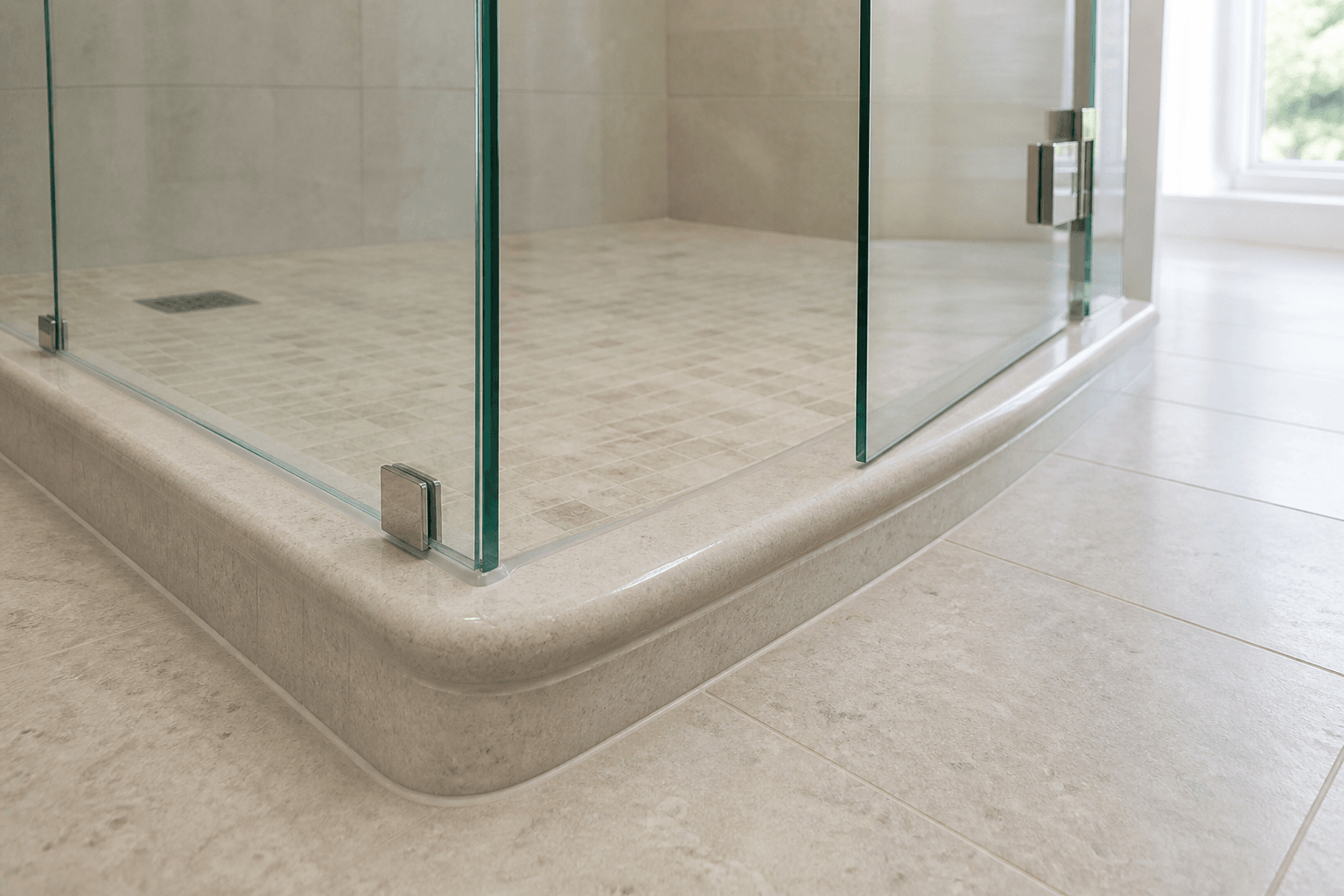Frameless glass shower door above a gently beveled stone curb with visible sweep clearance.