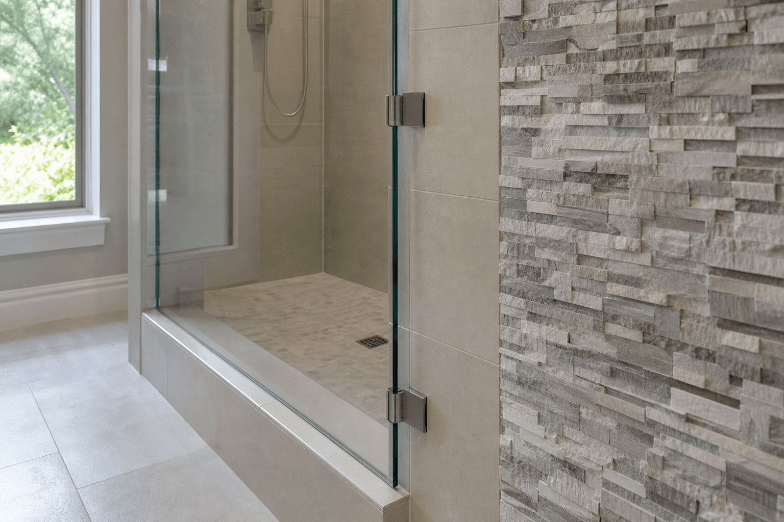 Frameless shower glass mounted on a smooth border beside a textured mosaic tile wall.