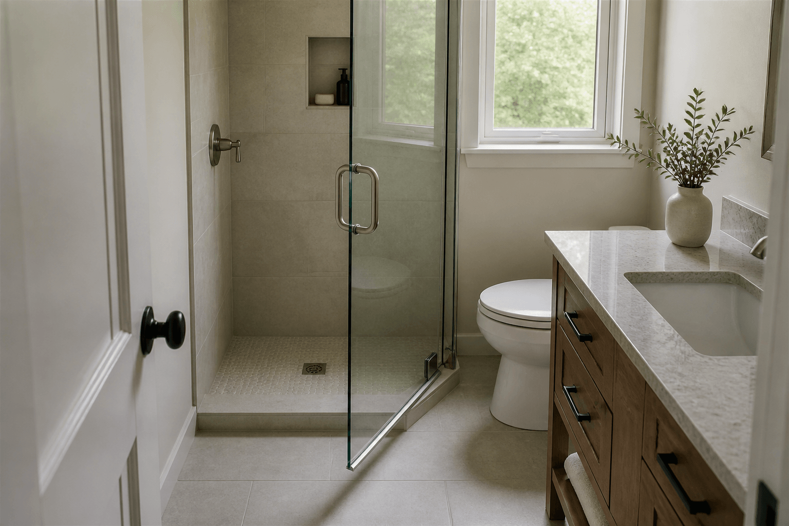 Partially open glass shower door clearing a nearby vanity and toilet in a compact bathroom.