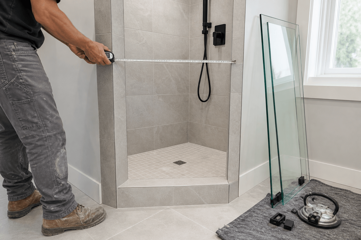 Installer measures a narrow opening between finished tiled shower walls for custom glass.