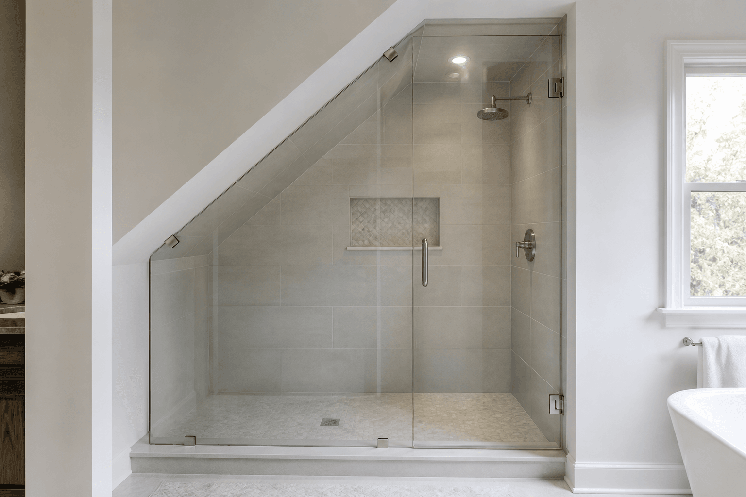 Frameless shower with an angled fixed glass panel fitted beneath a sloped ceiling.