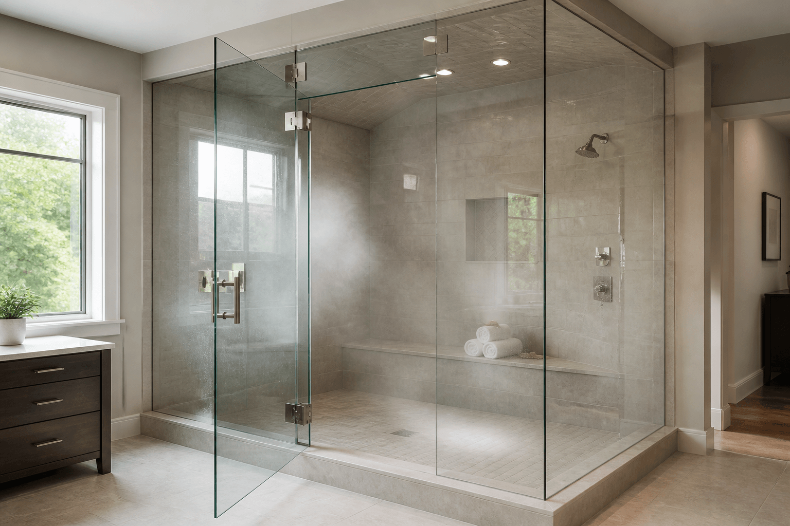 Ceiling-height frameless steam shower with a glass door, transom, tiled bench and sloped ceiling.