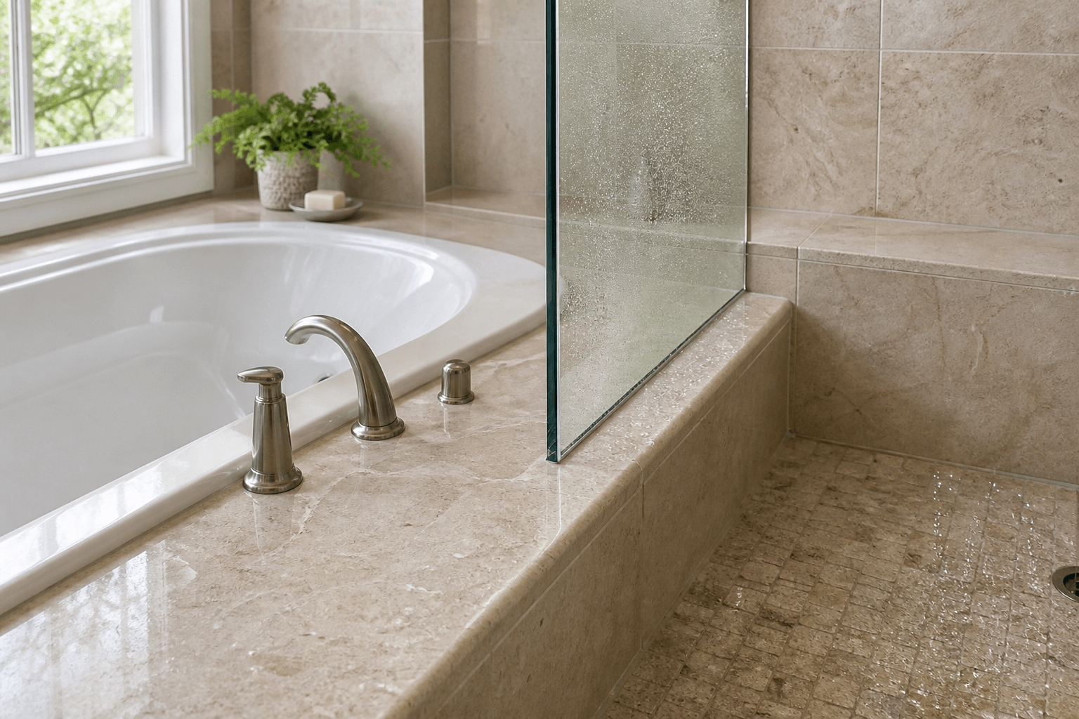 Frameless fixed shower glass meeting a sloped stone tub deck beside a tiled wet area.