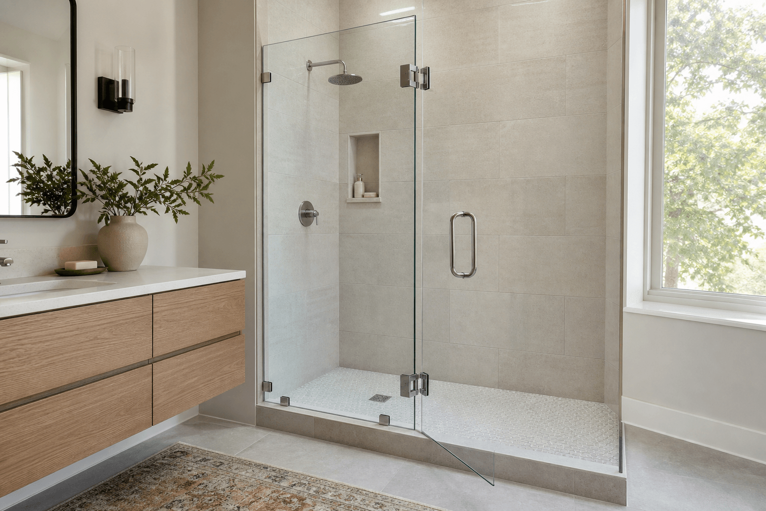 Frameless shower door attached to a fixed glass panel with glass-to-glass hinges.